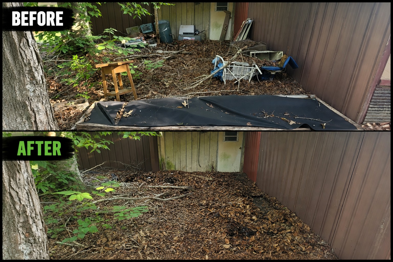 Before and after of an outdoor junk cleanup